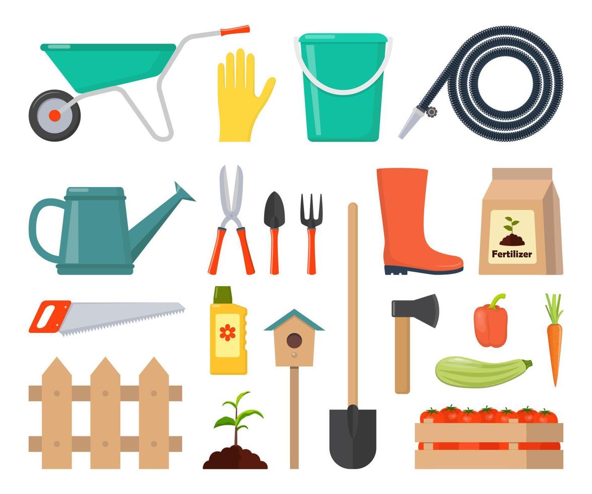 Colorful vector set of garden icons garden tools, equipment, planting process, harvest. Flat style vector ollustration.