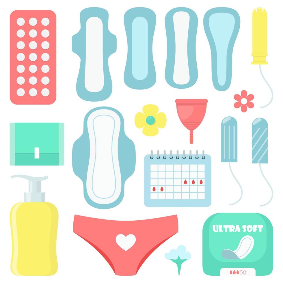 menstruación, conjunto de elementos. toallas sanitarias, tampones, copa menstrual y otros productos de higiene femenina. calendario menstrual. ciclo menstrual femenino. píldora. ilustración vectorial en estilo plano. vector