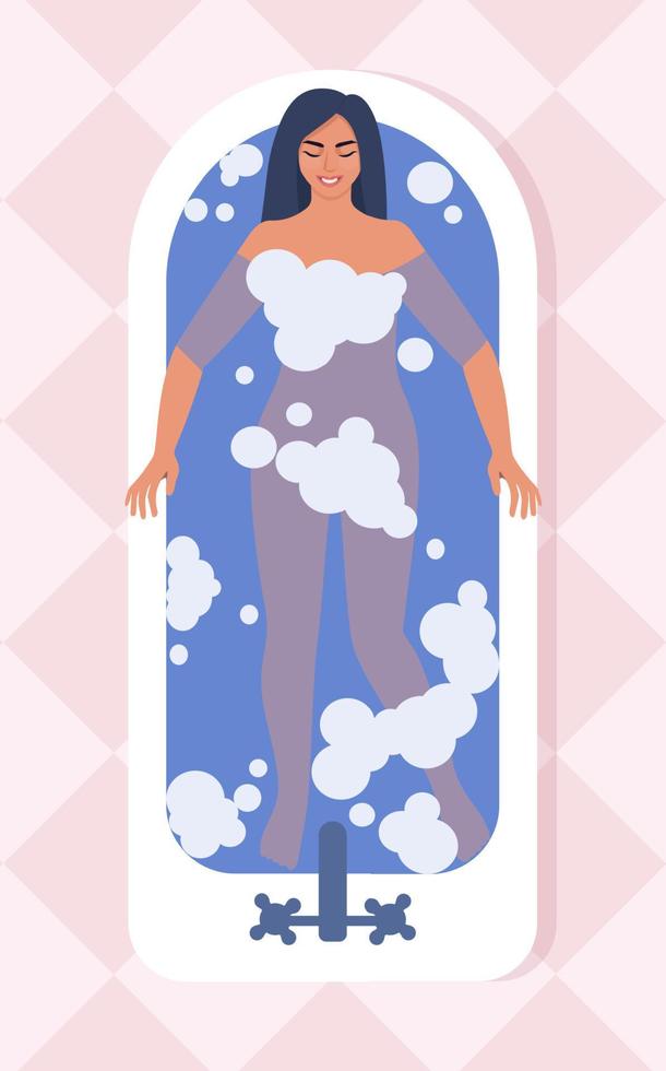 Woman taking a bath, top view. Relaxing girl in bathroom. Contented relaxed woman smiles while lying in the bath. Flat style vector illustration.