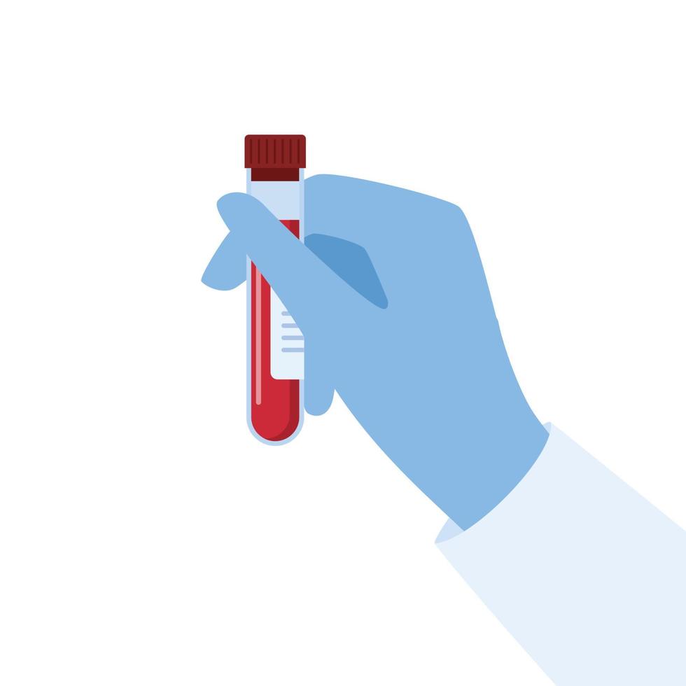 Doctor's hand in a medical glove holding test tube with blood. Laboratory research. Equipment for analysis. Vector illustration in flat style.