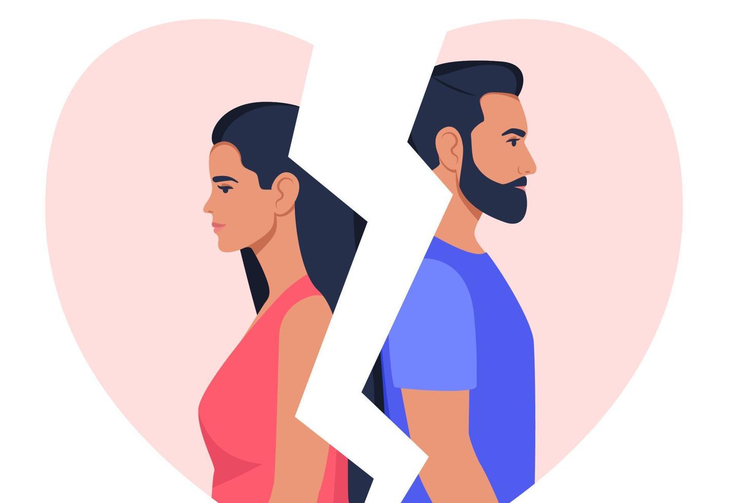 Man and woman stand with their backs to each other, broken heart on background. Concept of divorce, misunderstanding, disagreement, relationship troubles. Man and woman in a quarrel, conflict. Vector. vector