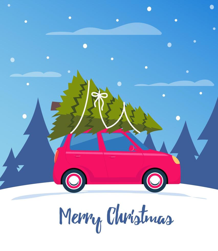 Cute red retro car with christmas tree on the roof. Merry christmas and happy new year greeting card, postcard, poster, banner, invitation design. Merry Christmas. Happy New Year. Vector illustration.