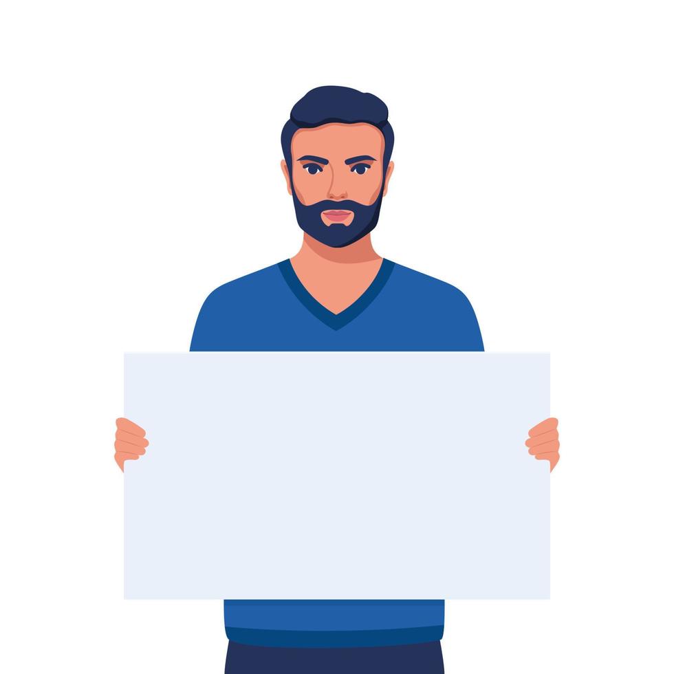 Man holding blank protesting placard. Person with empty banner. Banner, manifesting activists demonstrating sign. Street demonstration concept. Political revolution, demonstrate. Vector illustration.