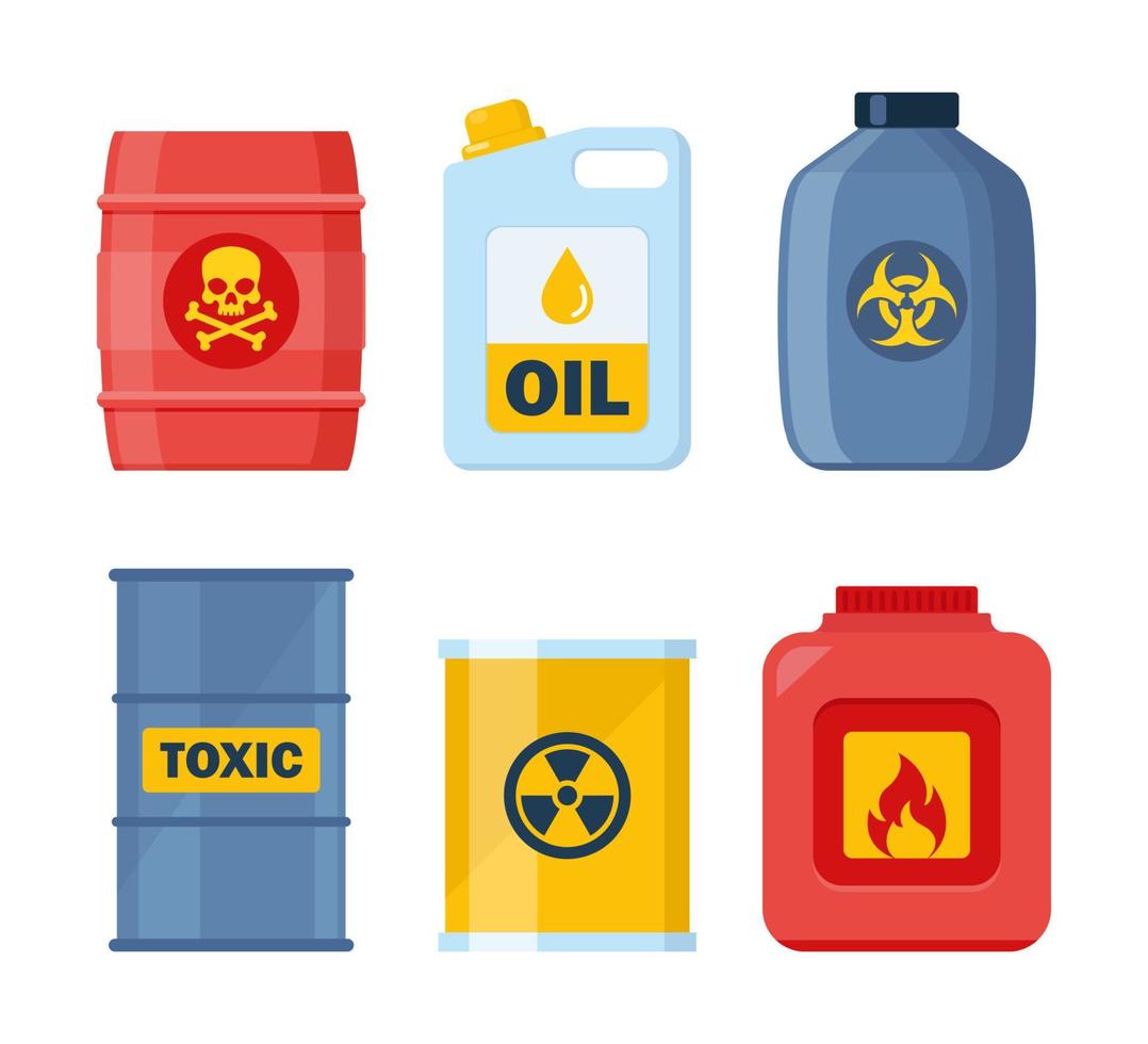 Set of containers with toxic and chemical substances. Dangerous Toxic, Biohazard, Radioactive, Flammable substances. Vector illustration.