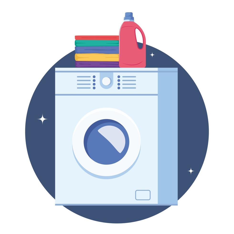 Modern washing machine, stack of colorful folded clothes on it and conditioner. Household concept. Vector illustration.