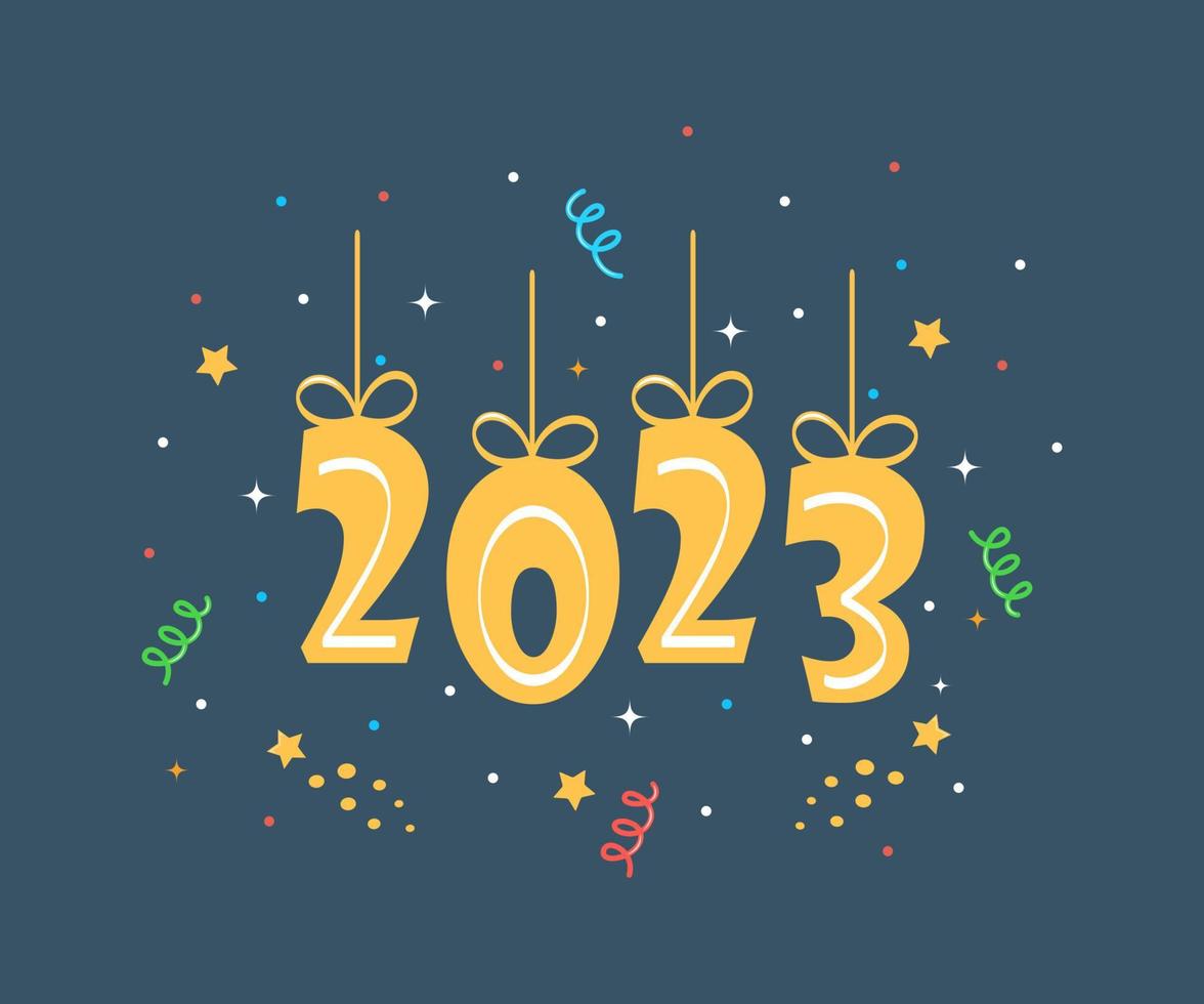 Celebrating New Year 2023. Hanging gold numbers with ribbons, Firecrackers, confetti, fireworks, carnival. New Year greeting card. Vector illustration.