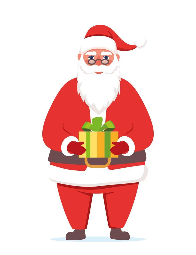 lindo personaje de santa claus con regalo en sus manos. santa sonriendo y mostrando una enorme caja de regalo. Feliz navidad y próspero año nuevo. Ilustración de vector de tarjeta de Navidad.