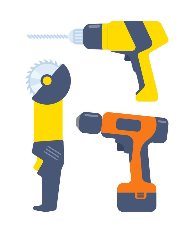 máquina perforadora o taladro manual. destornillador de herramienta eléctrica. Sierra circular con disco dentado de acero. herramientas manuales eléctricas, juego. equipo de construcción ilustración plana vectorial. vector