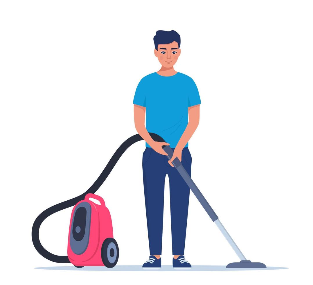 Man Enjoy Cleaning House with Vacuum Cleaner. Smiling man cleans the house. Man character vacuuming the floor. Cleaning service. Housekeeping. Vector illustration.