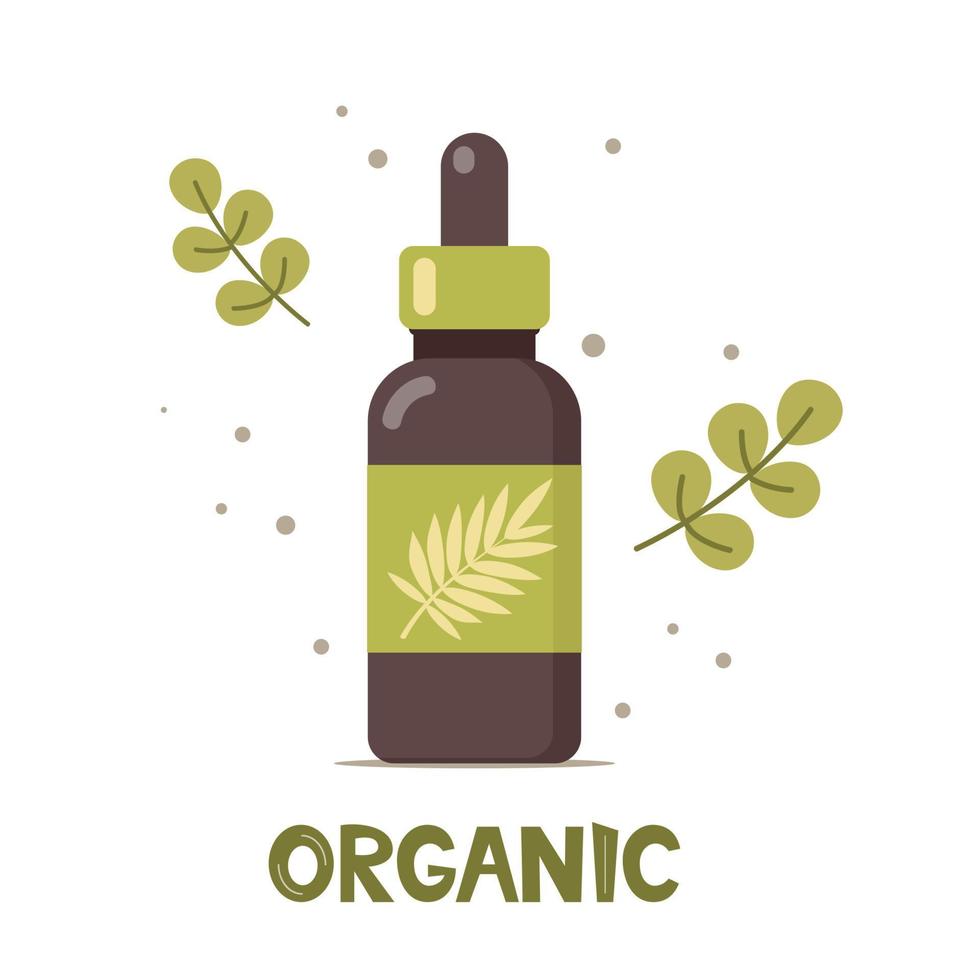 Natural cosmetic from organic plants. Couple of green leaves and bottle. Spa bio creme bottle. Stylish concept for vegan organic cosmetics in flat design. Vector illustration.