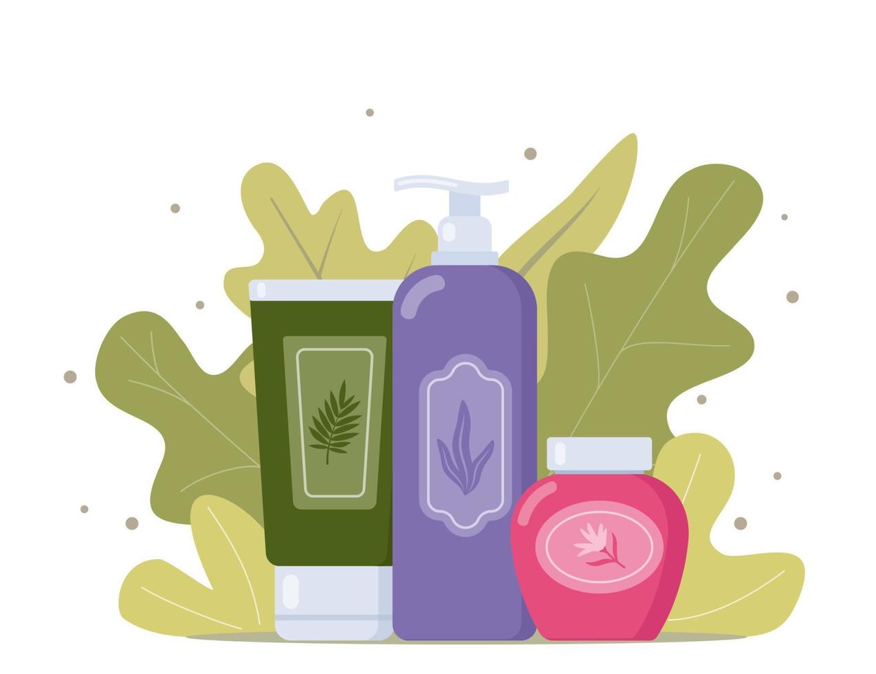 Tubes and vials cosmetics, tropical leaves on background. Everything for beauty and skin care. Cream, gel, tube, soap. Natural cosmetic from organic plants. Herbal beauty product. Vector illustration.