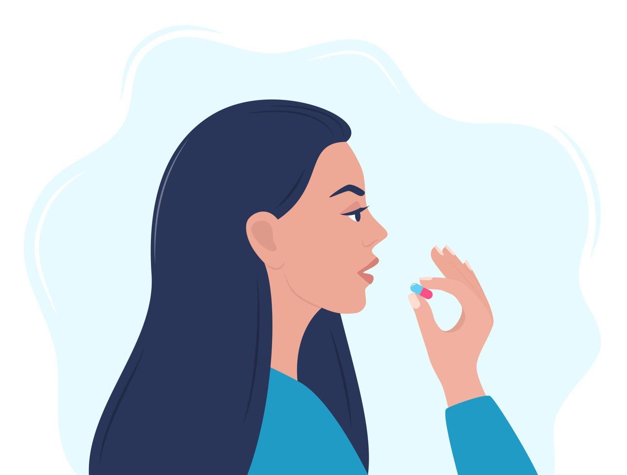 mujer tomando una pastilla en su boca. la mujer sostiene una pastilla en la mano y tiene la intención de tomarla. tratamiento de medicamentos, farmacia y medicina, ilustración vectorial conceptual. vector