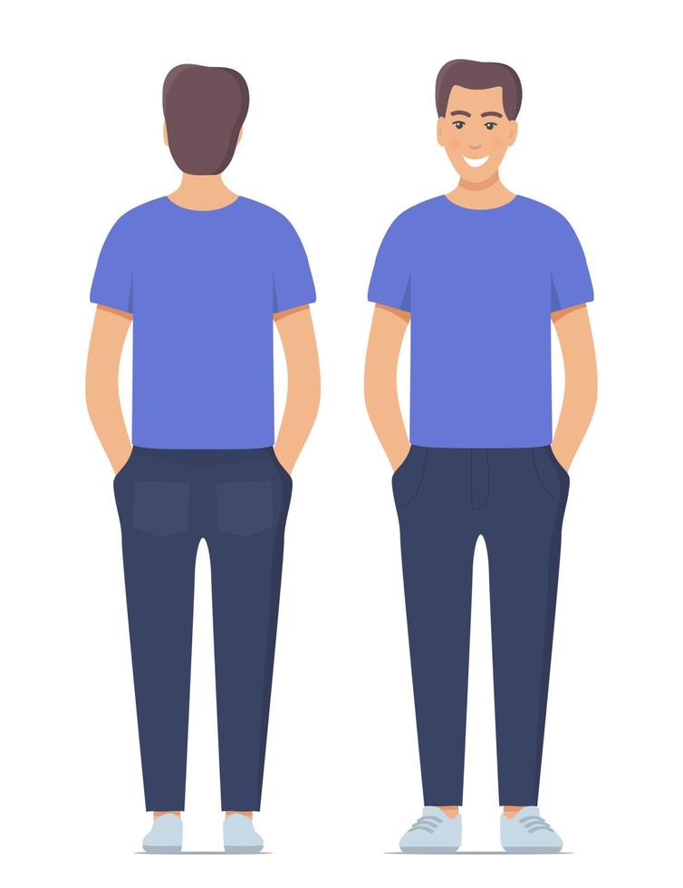 Beautiful young man standing in full growth in casual clothes. Front and back view, isolated. Vector illustration.