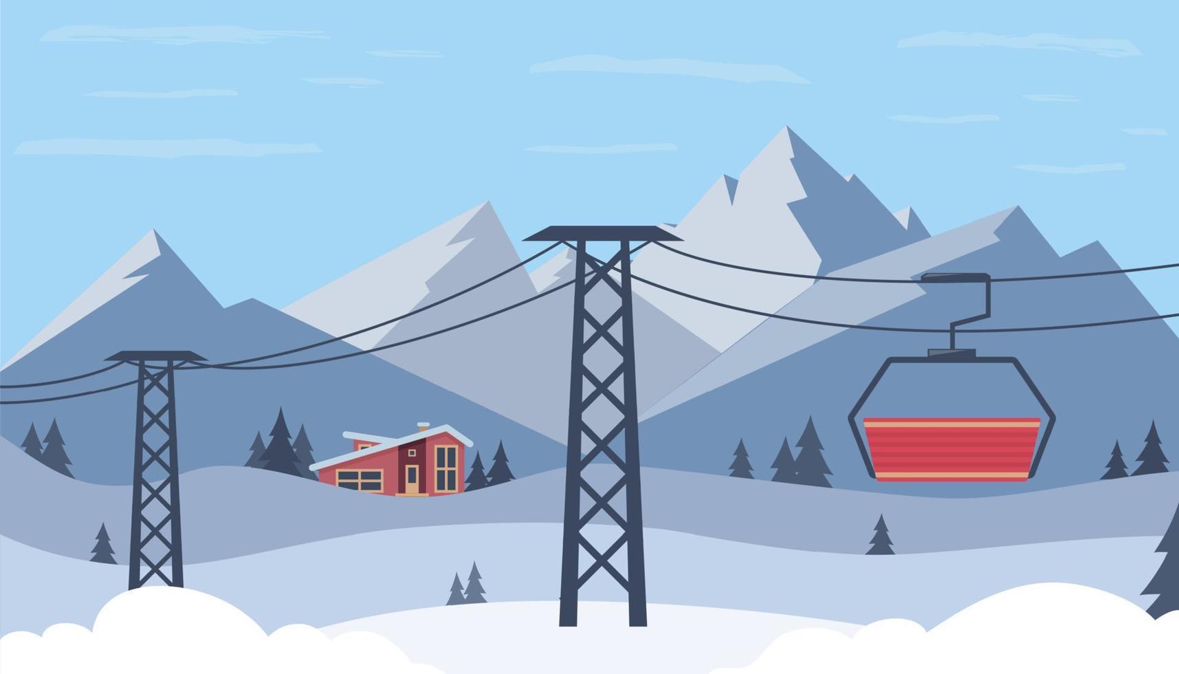 Ski resort. Winter mountain landscape with lodge, ski lift. Mountain tours conceptual web banner. Winter sports vacation. Vector illustration.