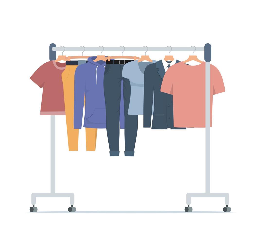 Clothes hanger with different casual man and woman clothes. Casual seasonal clothes. Boutique, assortment showroom, personal wardrobe, dressing room. Vector illustration in flat style.