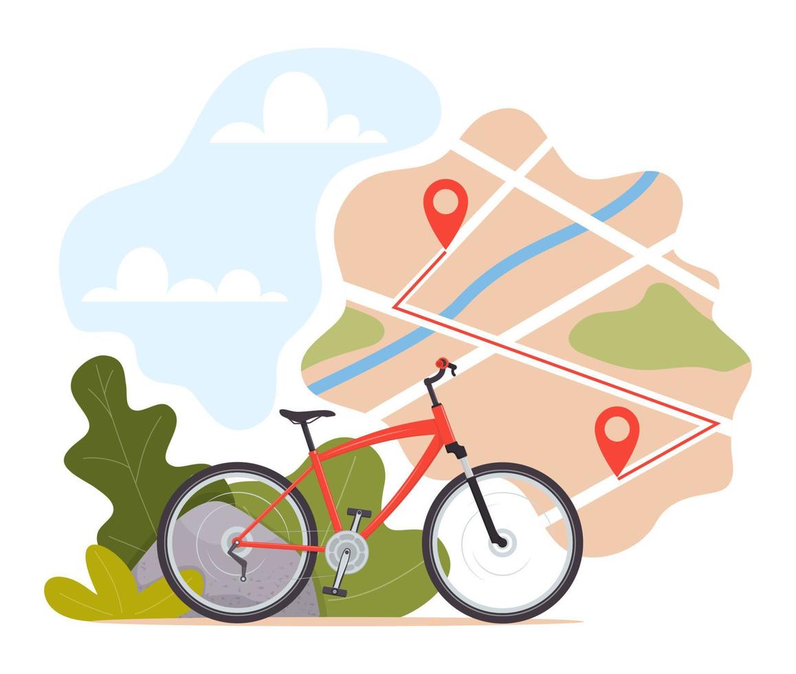 Bike, map with start and finish markers. Bicycle rental, bike sharing or delivery service. City map with pins and bike. Vector flat illustration for banner, flyer, card.