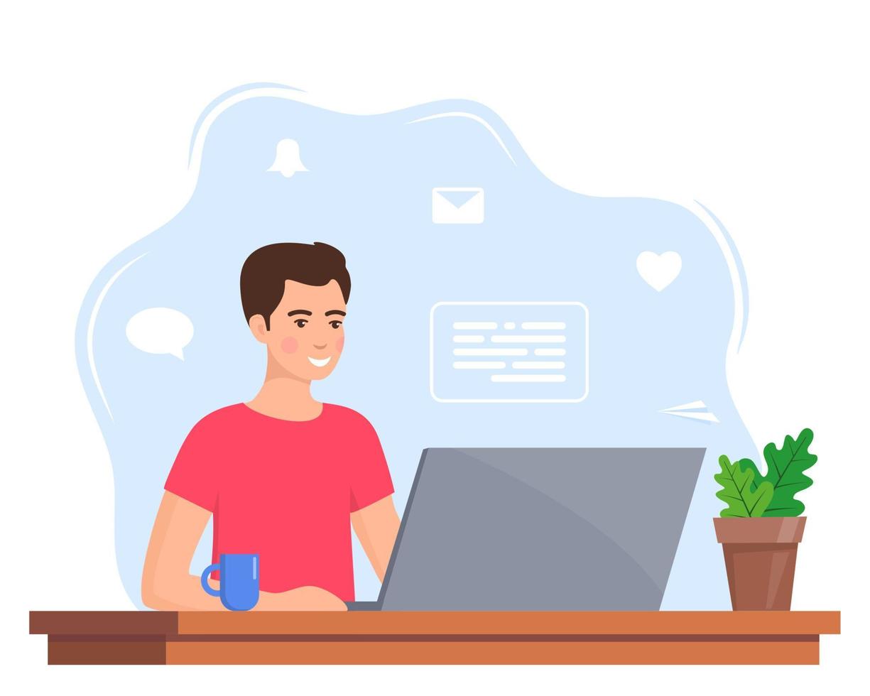 joven que trabaja en la computadora portátil en la oficina en casa. freelance en el trabajo, trabajo remoto. joven sentado en un escritorio con una computadora portátil y una taza de café. ilustración de vector moderno de color de estilo plano.