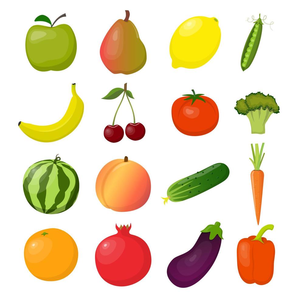 conjunto de frutas y verduras frescas, brillantes y coloridas, aisladas en blanco. ilustración plana vectorial. vector