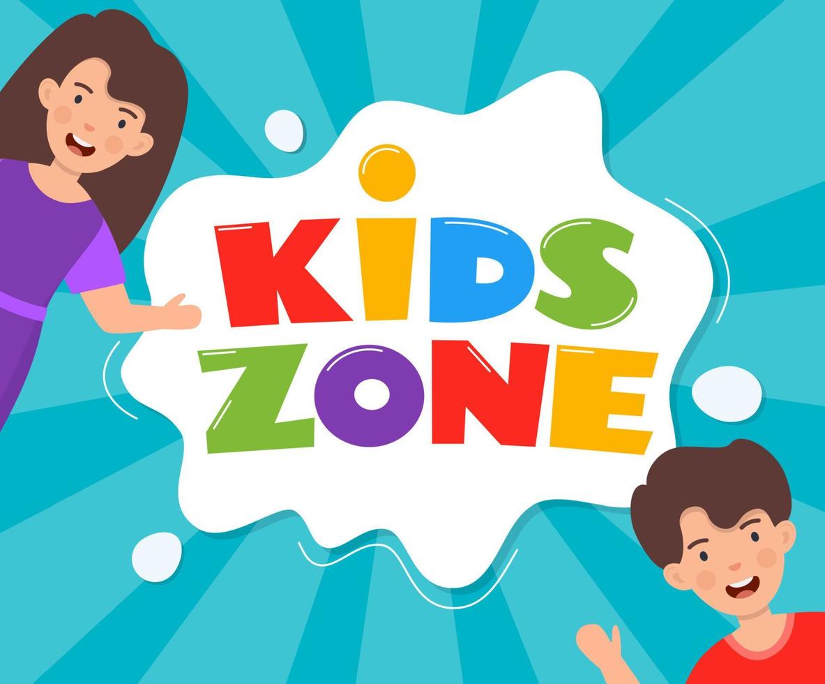 Kids zone emblem or logo for children's playroom. Kids zone hand drown lettering and happy smiling boy and girl. Colorful vector illustration.