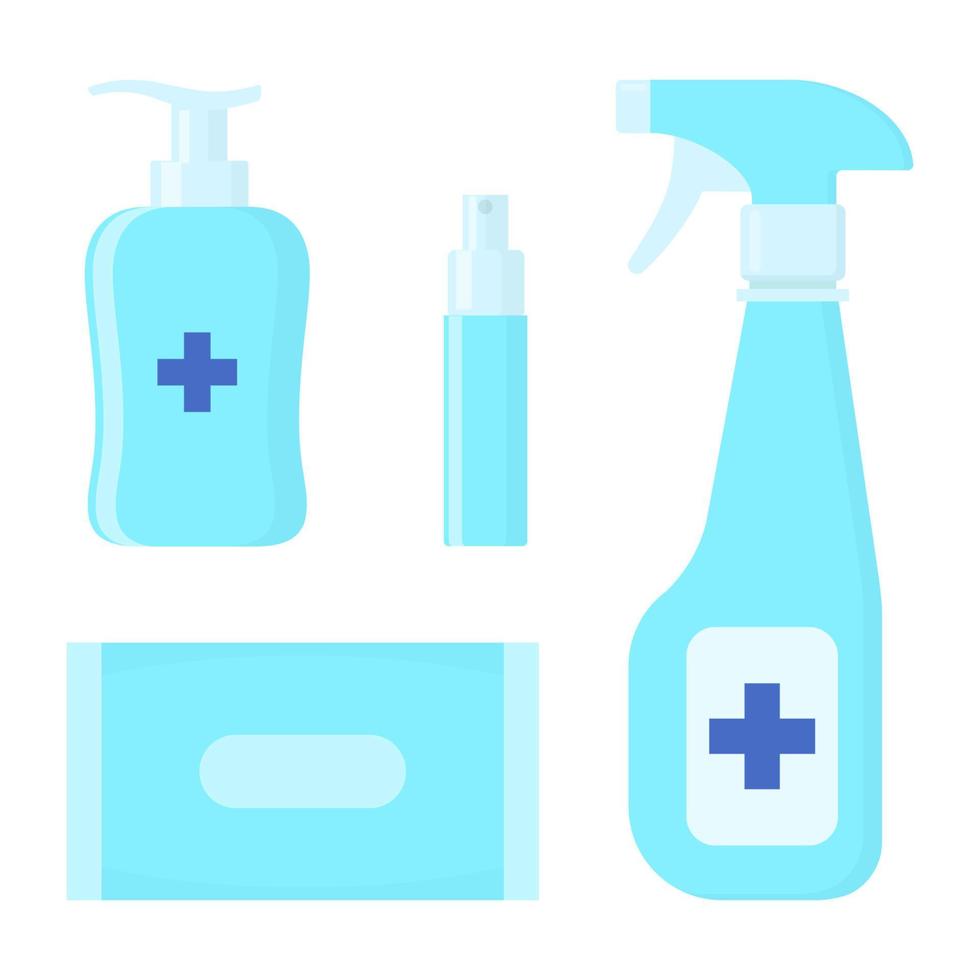 Set of various sanitizers. Bottles, washing gel, spray, wet wipes, liquid soap. Disinfection. Hygiene. Vector illustration in flat style.