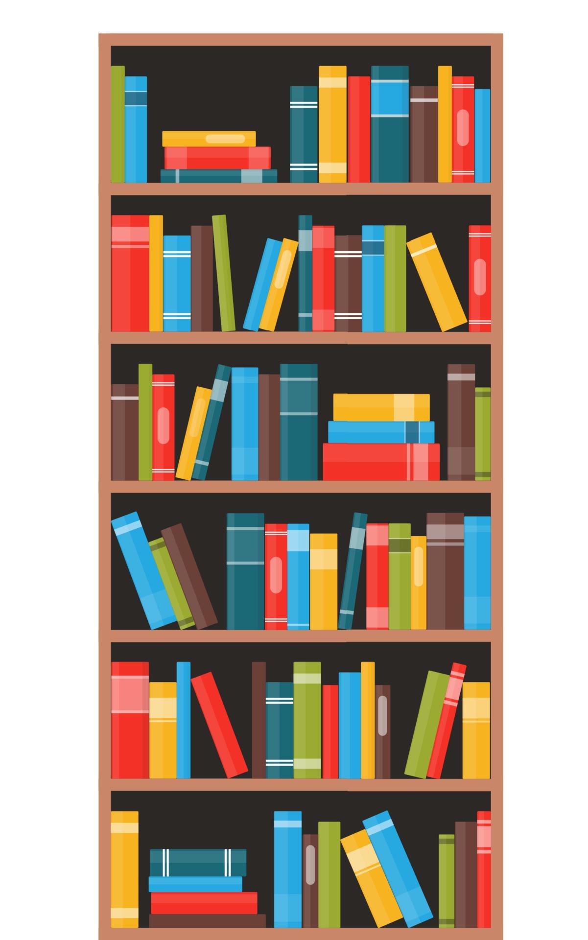Bookcase with books. Book shelves with multicolored book spines. Vector
