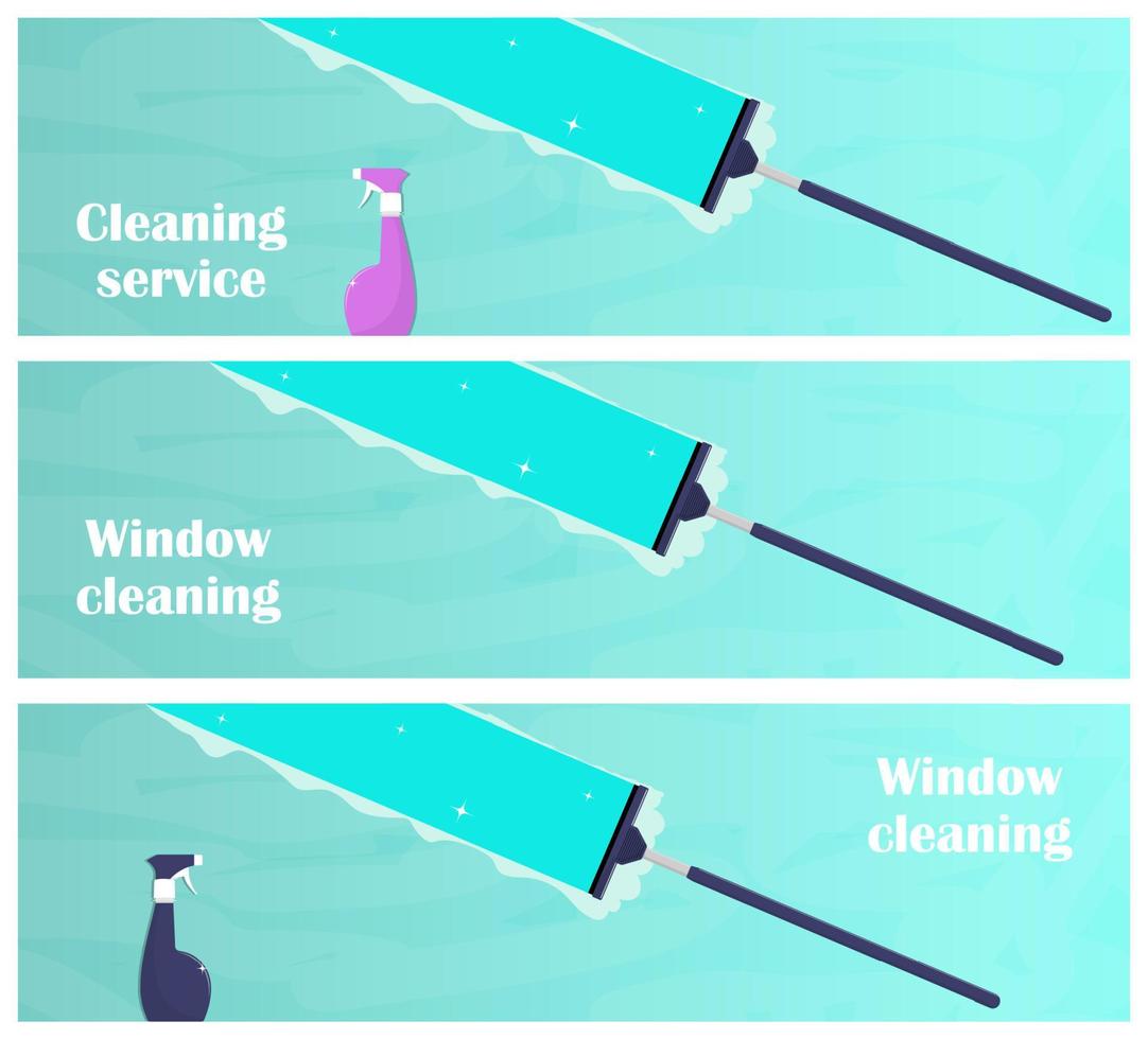 Window cleaning horizontal banners. Glass scraper glides over the glass, making it clean. Window cleaning service concept. Vector illustration in flat style.