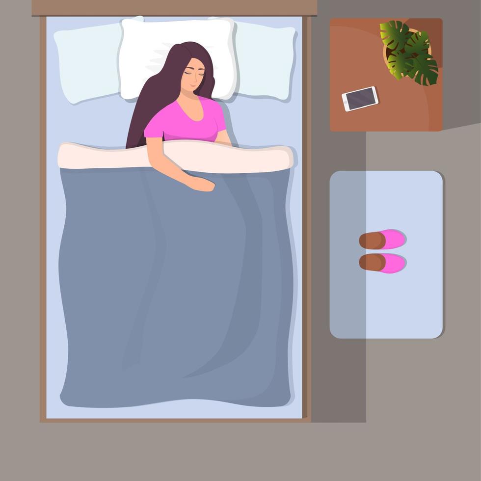 mujer durmiendo en su cama, vista superior. la niña duerme tranquilamente con un teléfono inteligente cerca de su cabeza. pantuflas en la colchoneta cerca de la cama. ilustración vectorial en estilo plano. vector