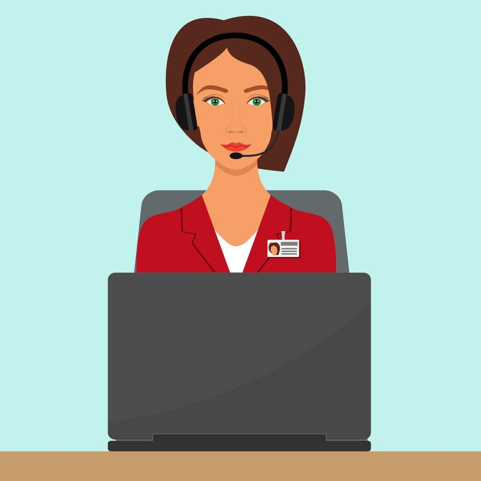 Woman in a business suit, in headphones with microphone sitting at her desk with laptop computer. Webinar, video conference, video call. Vector flat illustration.