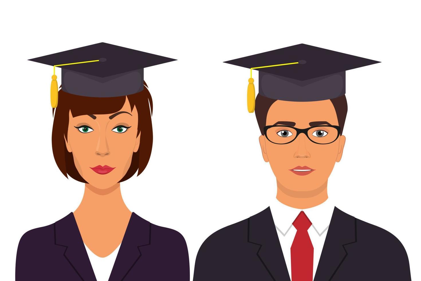 Student s graduation avatars. Man and woman in graduation caps. Vector illustration in flat style.