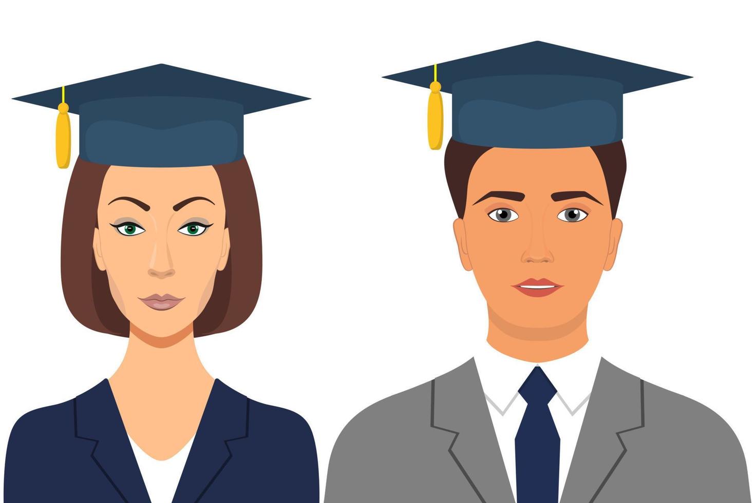 avatares de graduación de los estudiantes. hombre y mujer con gorras de graduación. ilustración vectorial en estilo plano. vector