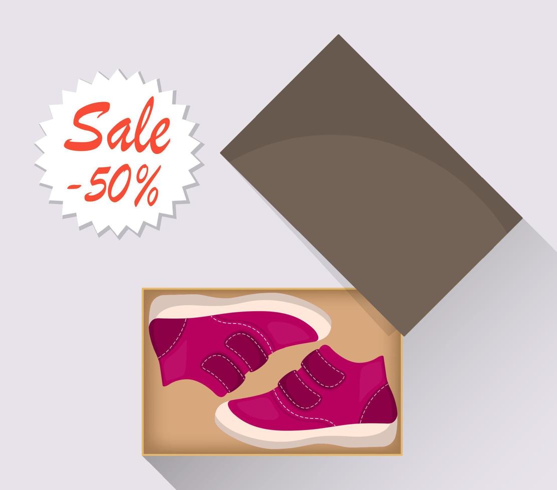 Little cute baby shoes in box, side view. Sale with a discount of 50 percent. Kid s casual pink boots. Illustration for a shoe store. Vector flat illustration.