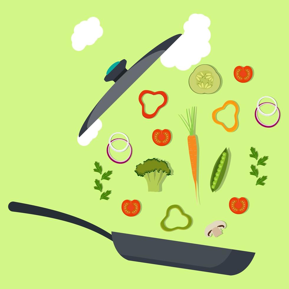 verduras y sartén. brócoli, pimiento, tomate rojo, zanahoria, cebolla, verduras. ilustración de vector de proceso de cocción.