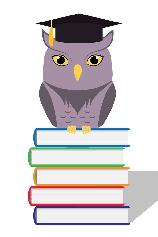 Cute owl with graduation hat on head sitting on a stack of books. Vector flat illustration, isolated on white.