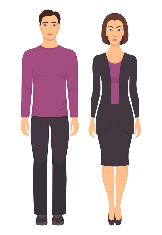 Couple in elegant clothes. Young man and woman standing in full growth in casual clothes. Basic wardrobe. Vector illustration, isolated.