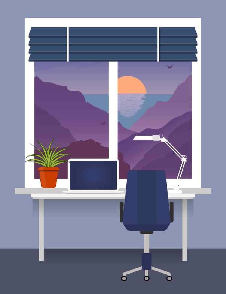Home workplace at the window with desk, laptop, desk lamp. Room plant in pot on the windowsill. Blinds on the window. Mountains, sea, sunset outside. Vector flat illustration.