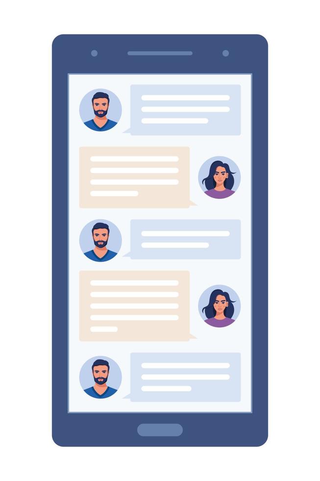Dialogue men and women in the messenger on the smartphone screen. Modern smartphone with messenger app window. Chatting and messaging. Vector illustration.