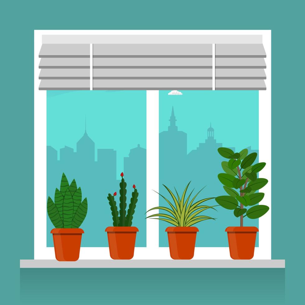 Room plants in pots on the windowsill. Blinds on the window, cityscape outside the window. Vector illustration in flat style.