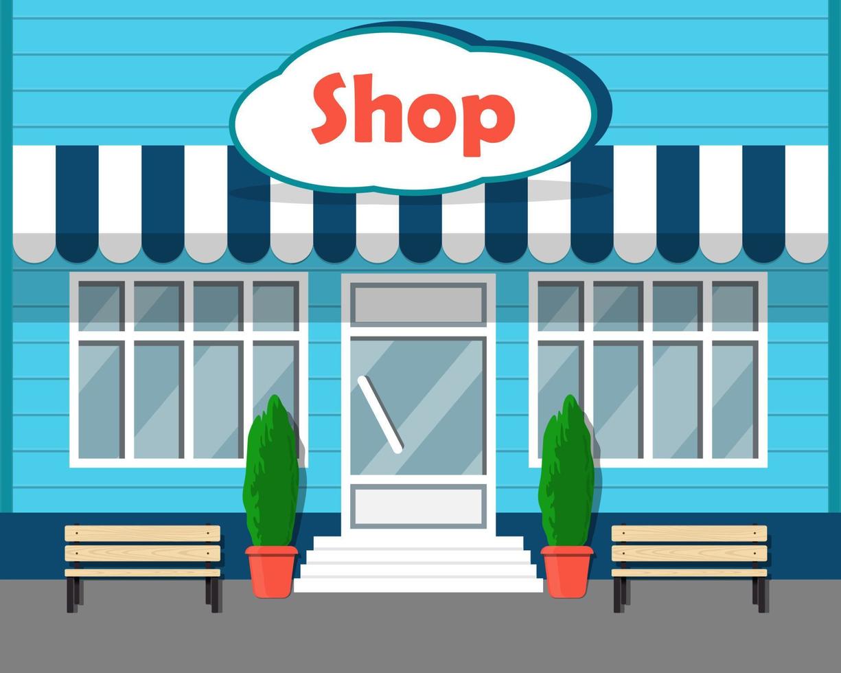 Beautiful modern store front with big windows and sign Shop on the facade. Cartoon vector illustration.