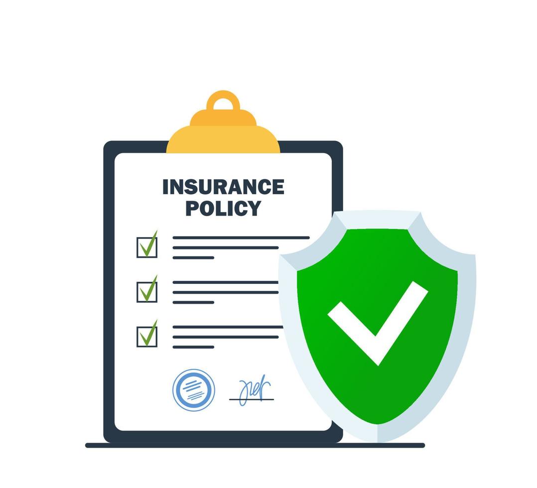 Insurance policy on clipboard and Green Shield protection sign. Company agreement contract document. Check list with signature on board. Injury risk law legal preparedness. Vector illustration.