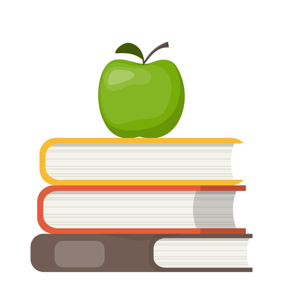 Stack of books and green apple on top. Education symbol. Concept illustration, vector. vector