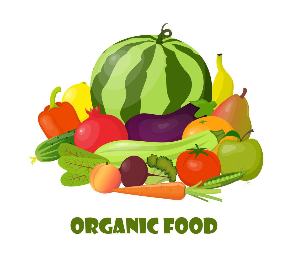 Natural organic vegetables and fruits. Beautiful composition for card, banner, poster, flyer, app, website on healthy eating, ecological, dietology, nutrition, vegetarian themes. Vector illustration.