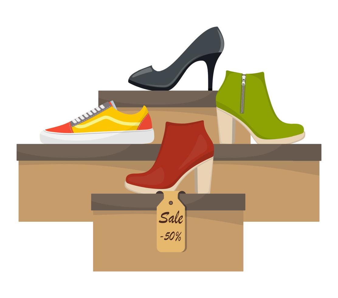 Shoe boxes with woman s footwear. Stylish modern sneakers, woman s high heel shoes on box, side view. The price tag with discount of 50 percent. Shoes sale in store. Vector flat illustration.
