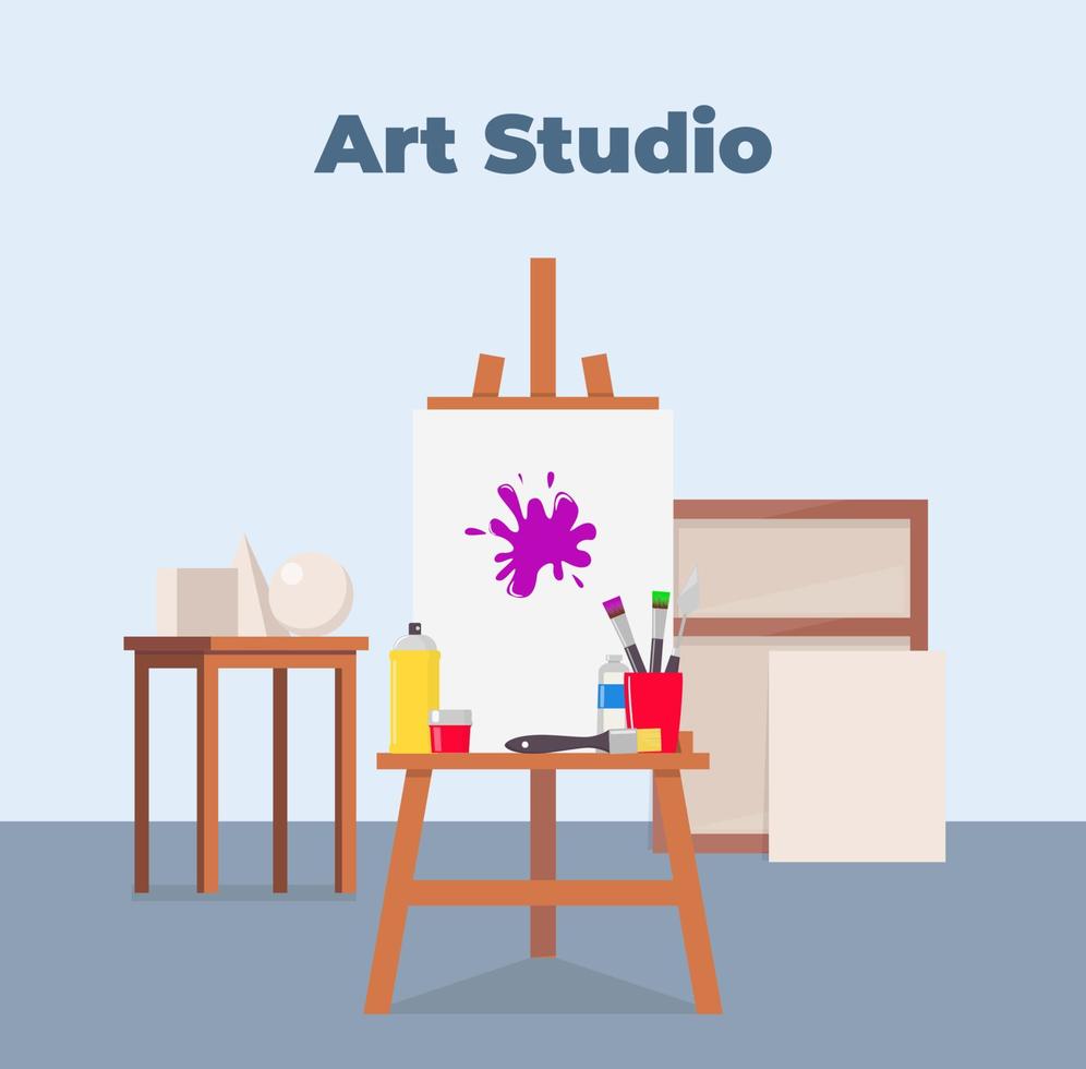 Art studio interior. Easel, canvas, paint and all necessary tools for drawing. Beautiful composition for advertising art studio. Vector flat illustration.