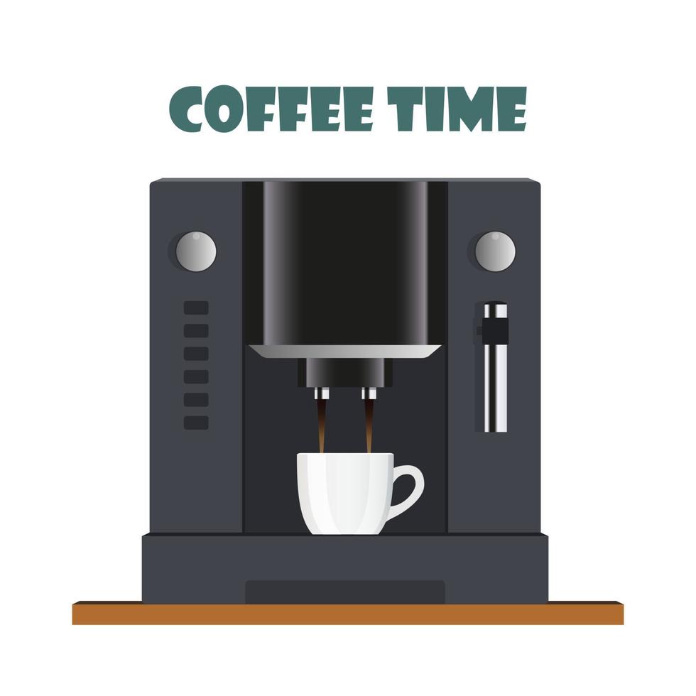 Modern coffee machine for home, restaurant, office or cafe. Coffee break concept illustration. Coffee machine pours freshly brewed coffee into a cup. Flat design, vector. vector