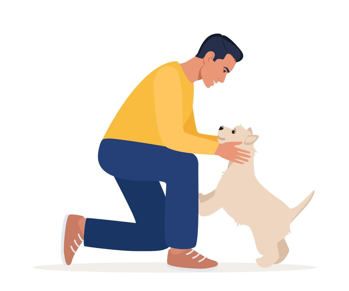 Man and cute dog joyful meeting. Warm hugs of pet owner and West Highland White Terrier. Man glad to see animal friend. Lovely funny dog. Vector illustration.