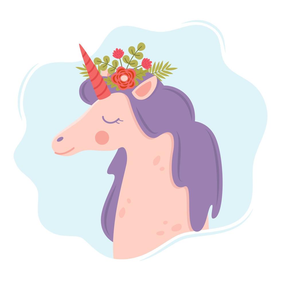 Cute unicorn face. Funny character with flowers decoration. Cartoon illustration for children's fashion fabrics, textile graphics, prints, cards. Colorful vector illustration.