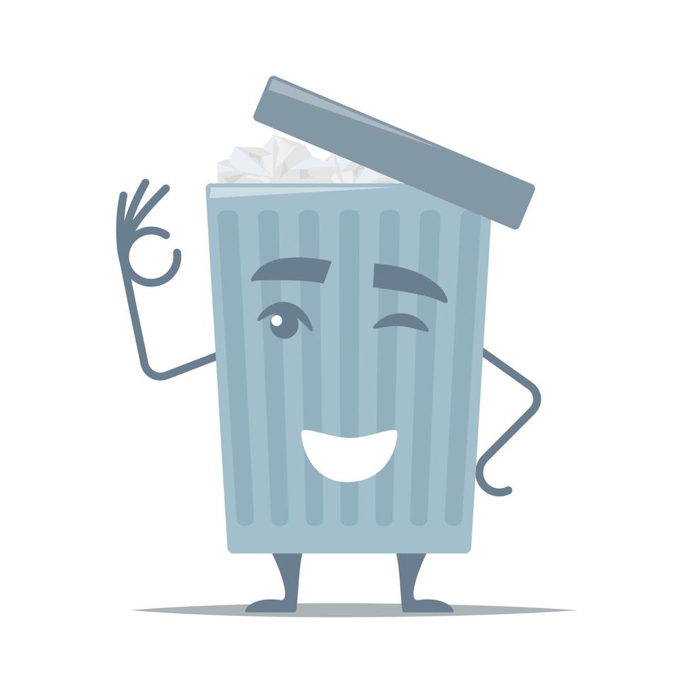 Smiling cartoon trash can shows gesture okay. Urn with crumpled paper and opened lid. Trash can cartoon character. Vector illustration, isolated.