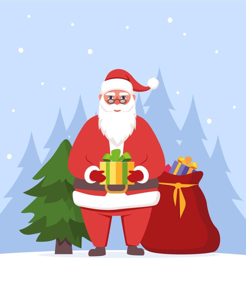 Cute Santa Claus character with gift in his hands. Santa smiling and show huge gift box. Merry Christmas and Happy New Year. Christmas card vector illustration.