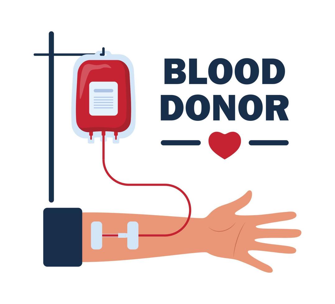 Blood bag and hand of donor or patient. Blood transfusion. Blood donation. Concept vector illustration.