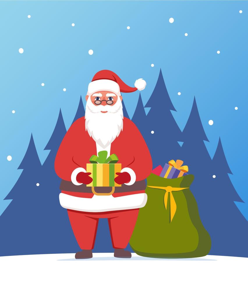 Cute Santa Claus character with gift in his hands. Santa smiling and show huge gift box. Merry Christmas and Happy New Year. Christmas card vector illustration.